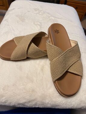 The Sak Woven Cross-Band Slide Sandals in Tan
